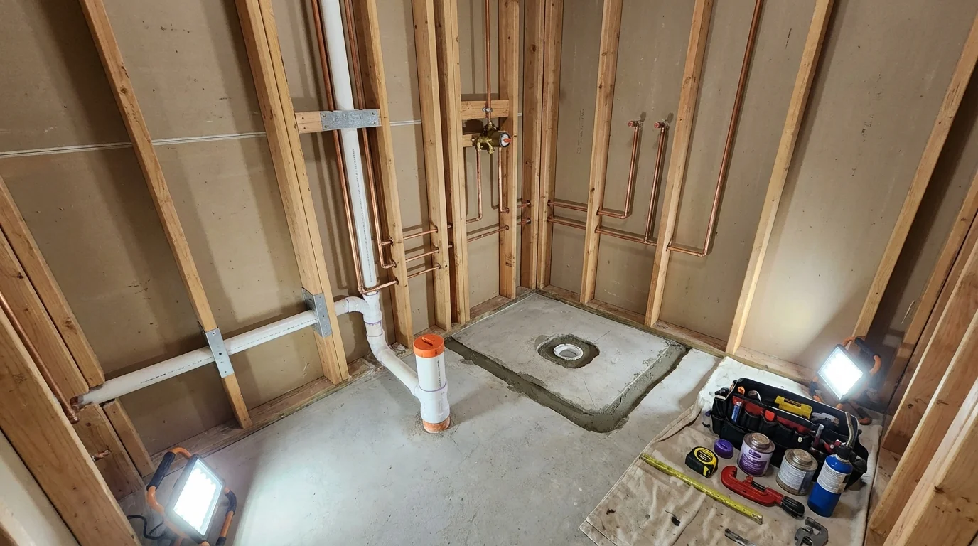 Bathroom rough-in plumbing during remodel by Johns Plumbing LLC in Idaho City