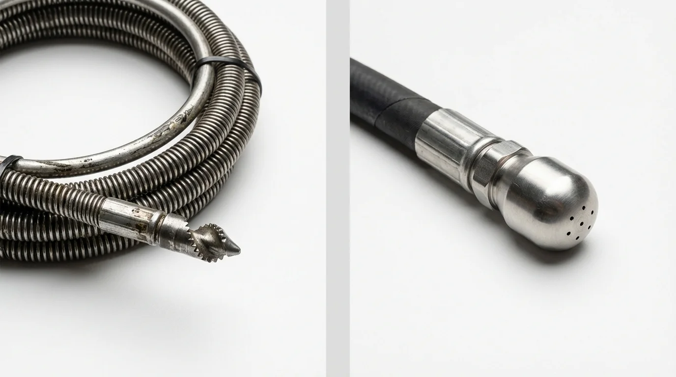 Drain snake cable and hydro jetting nozzle used for drain cleaning in Idaho City, ID