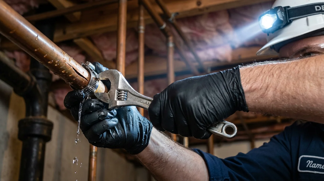 Emergency pipe clamp repair being performed by a Johns Plumbing LLC plumber in Idaho City