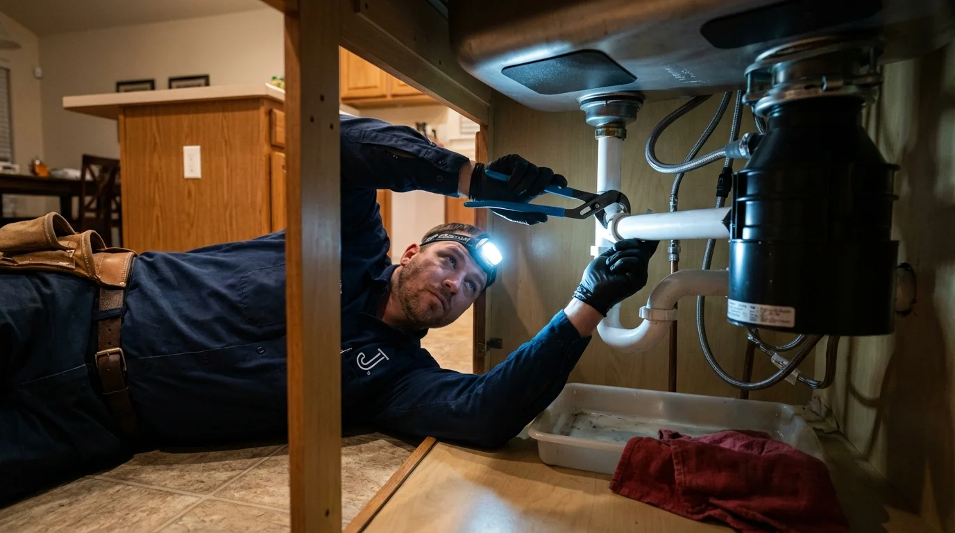 P-trap and supply line connections under a kitchen sink showing a common leak point in Idaho City, ID